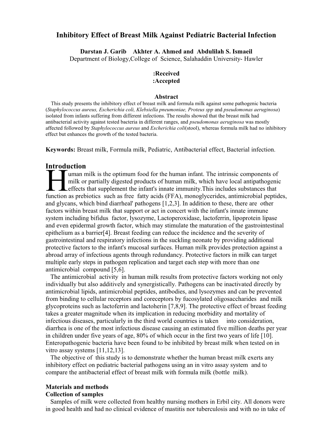 Inhibitory Effect of Breast Milk Against Pediatric Bacterial Infection