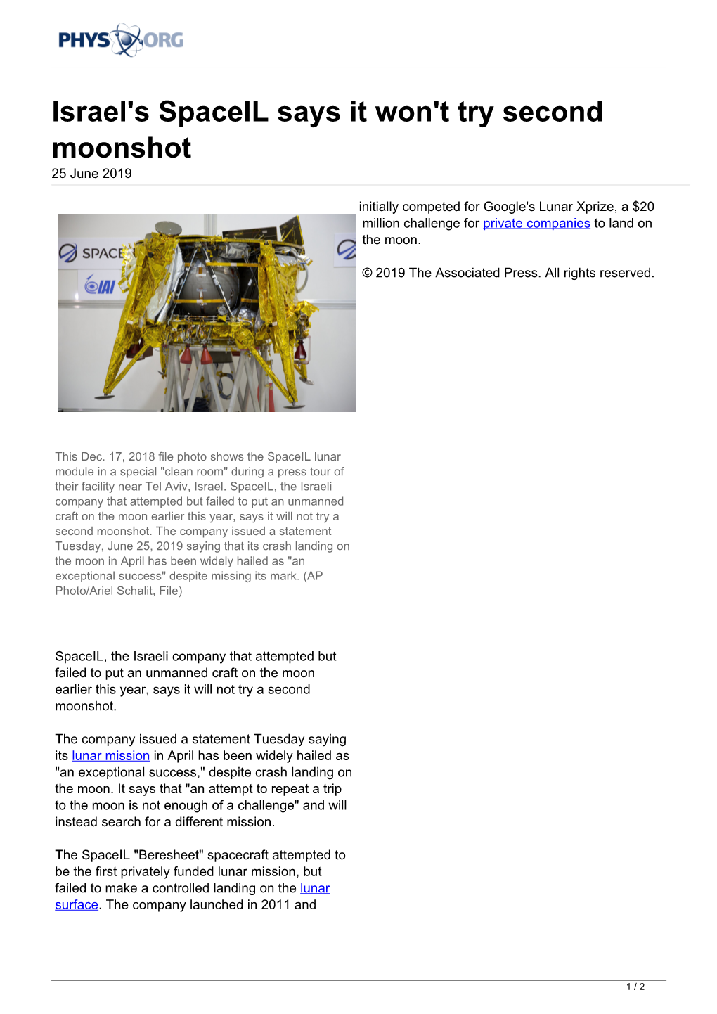 Israel's Spaceil Says It Won't Try Second Moonshot 25 June 2019