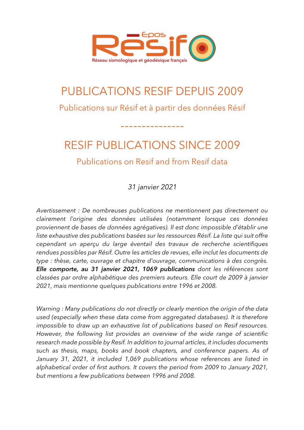 Publications Resif Depuis 2009 Resif Publications Since 2009