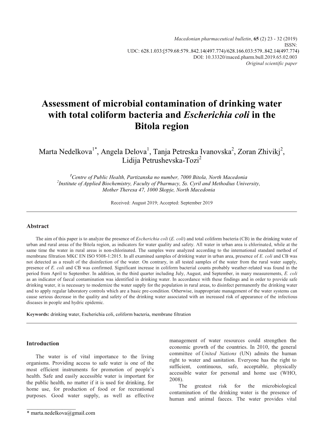 Assessment of Microbial Contamination of Drinking Water with Total Coliform Bacteria and Escherichia Coli in the Bitola Region