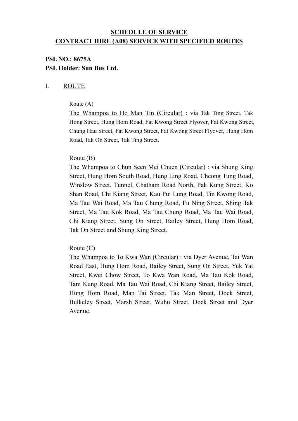 Schedule of Service Contract Hire (A08) Service with Specified Routes