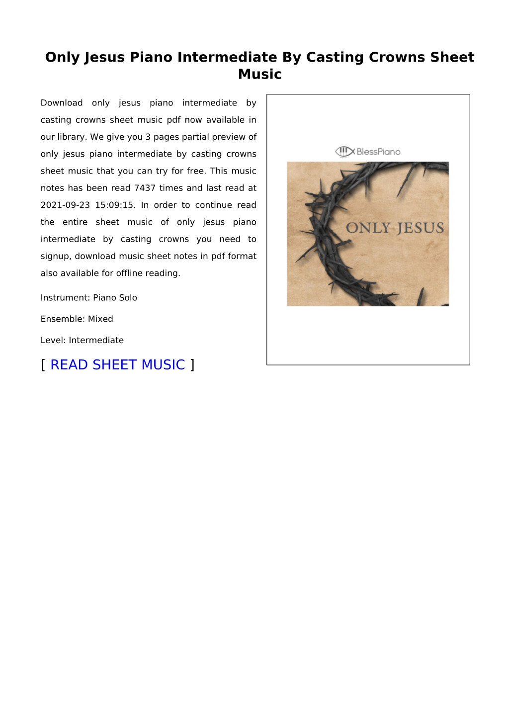 Only Jesus Piano Intermediate by Casting Crowns Sheet Music