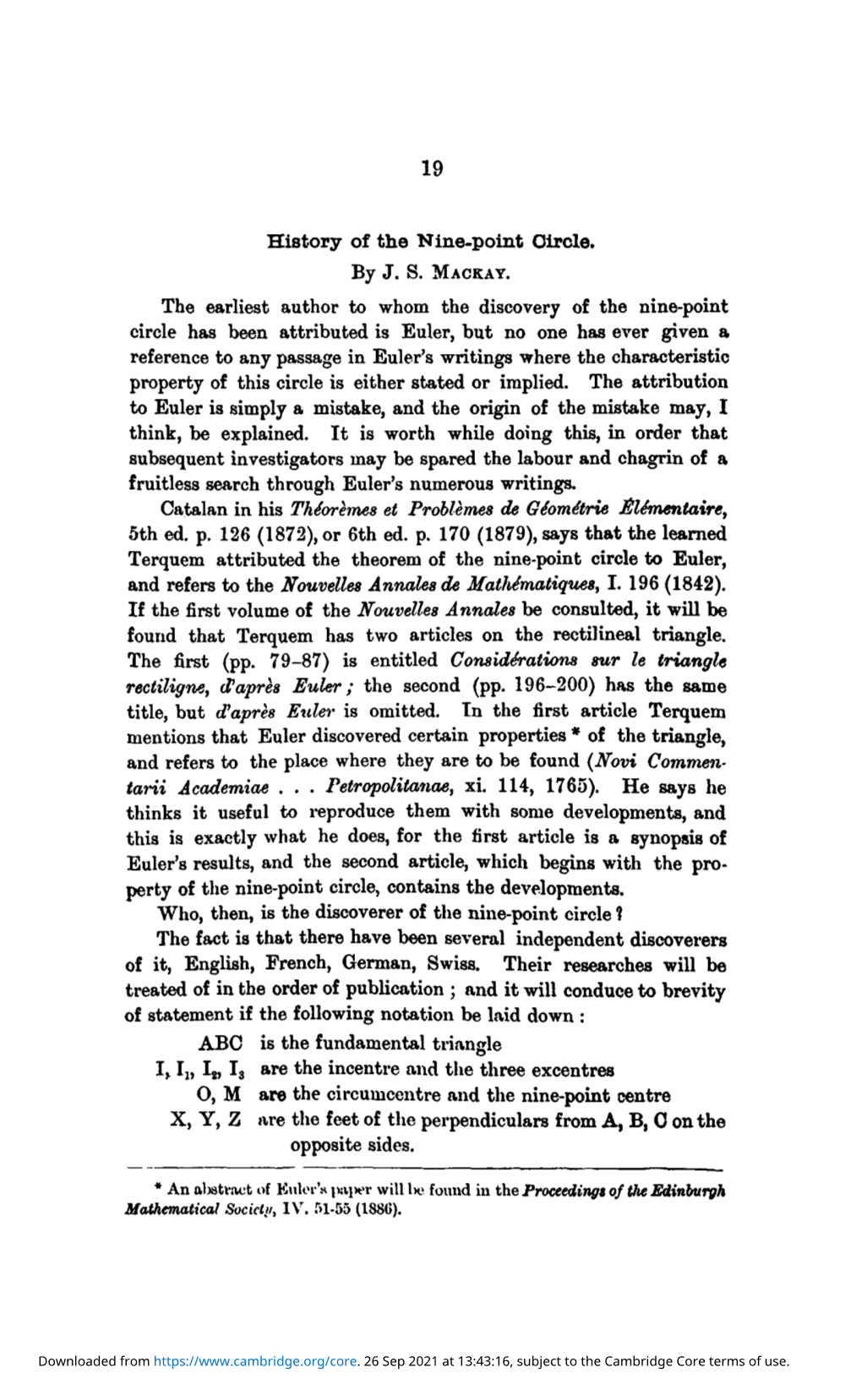 History of the Nine-Point Circle. the Earliest Author to Whom the Discovery of the Nine-Point Circle Has Been Attributed Is Eule