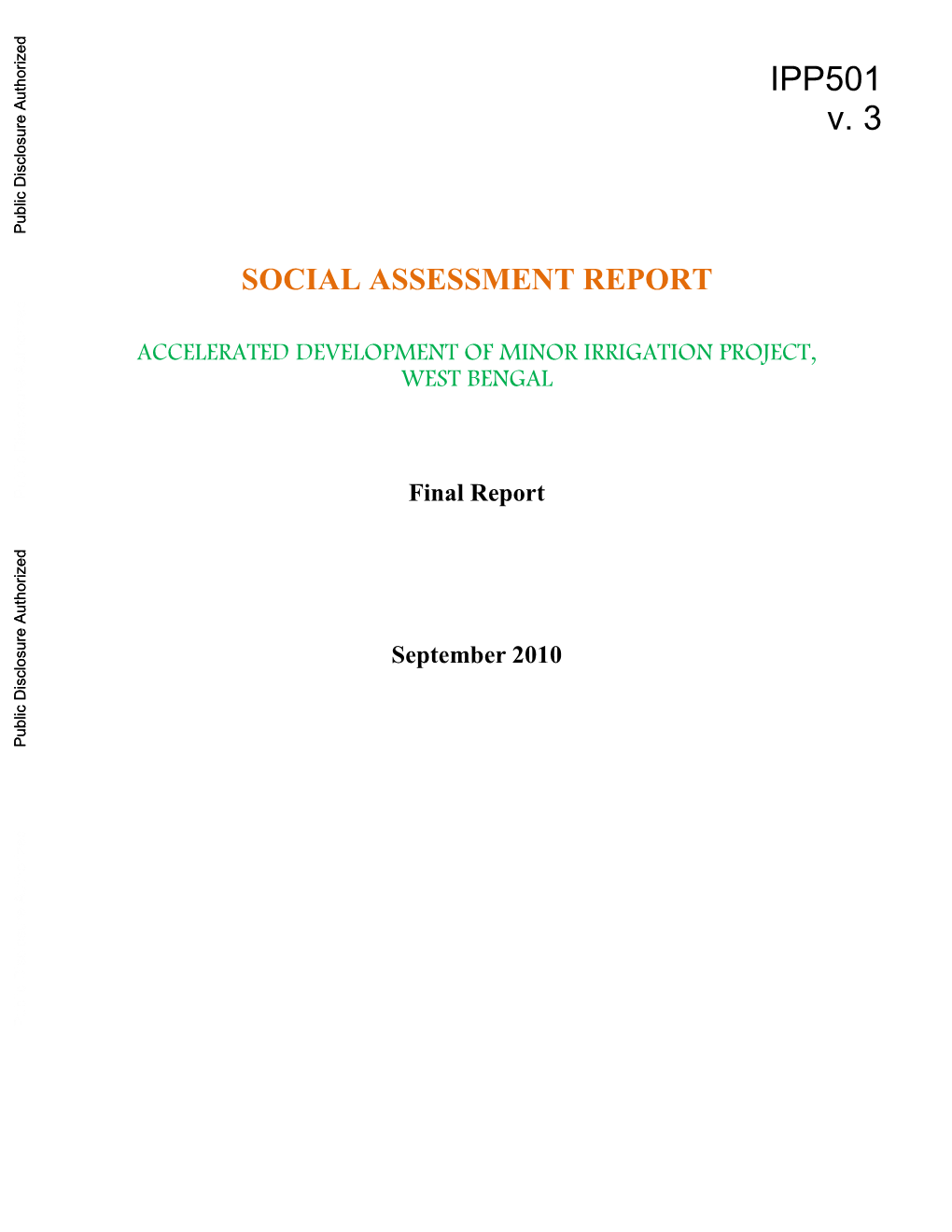 IPP501 V. 3 Public Disclosure Authorized SOCIAL ASSESSMENT REPORT