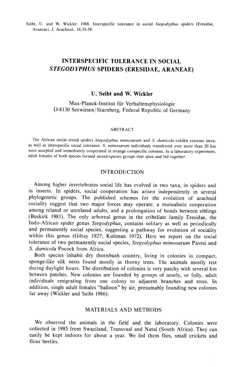 Interspecific Tolerance in Social Stegodyphus Spiders (Eresidae, Araneae)