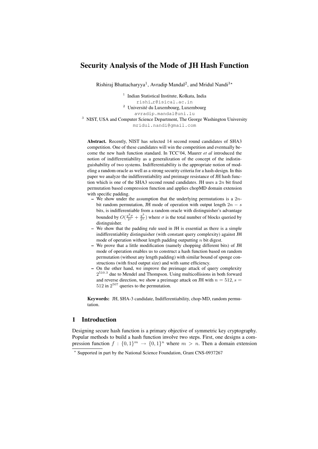 Security Analysis of the Mode of JH Hash Function