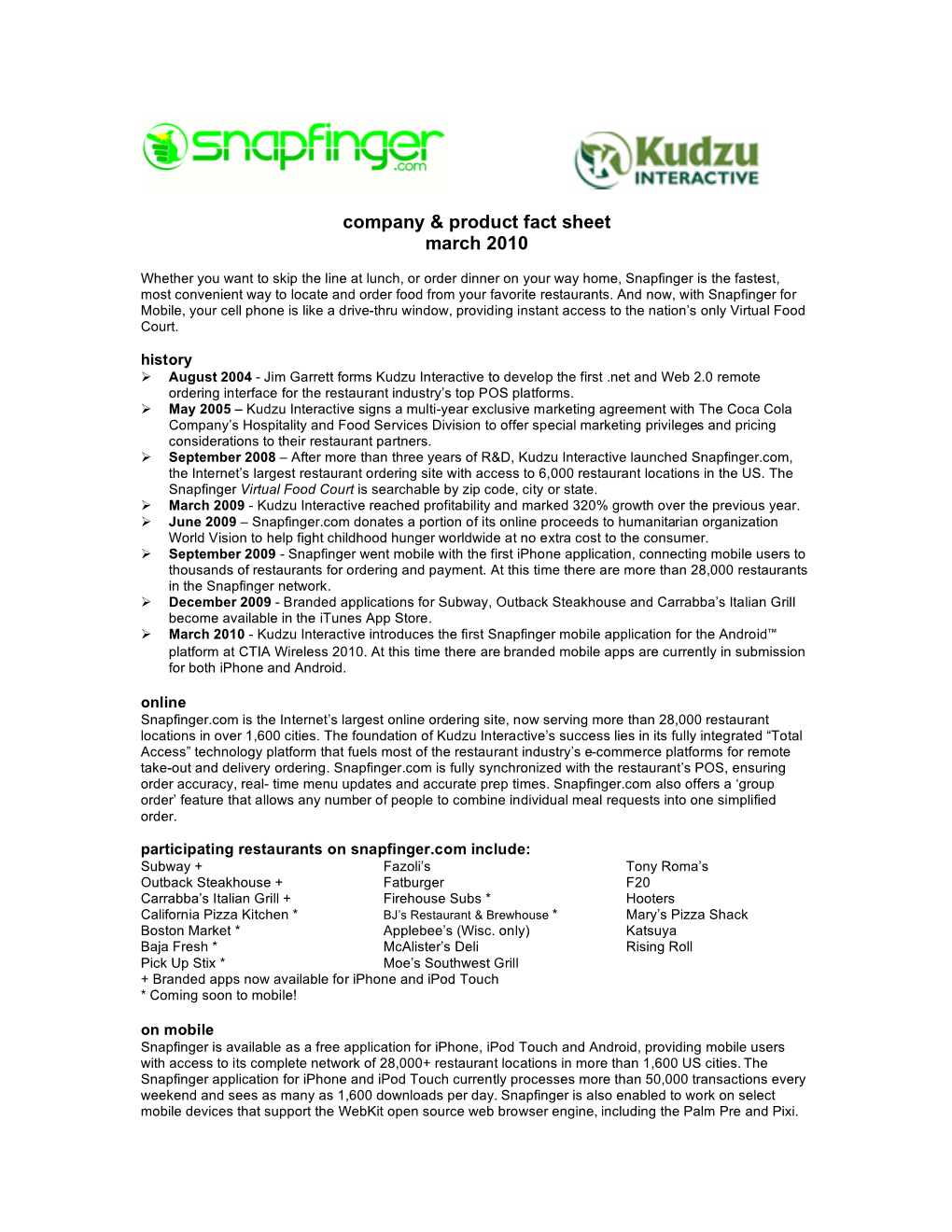 Company & Product Fact Sheet March 2010