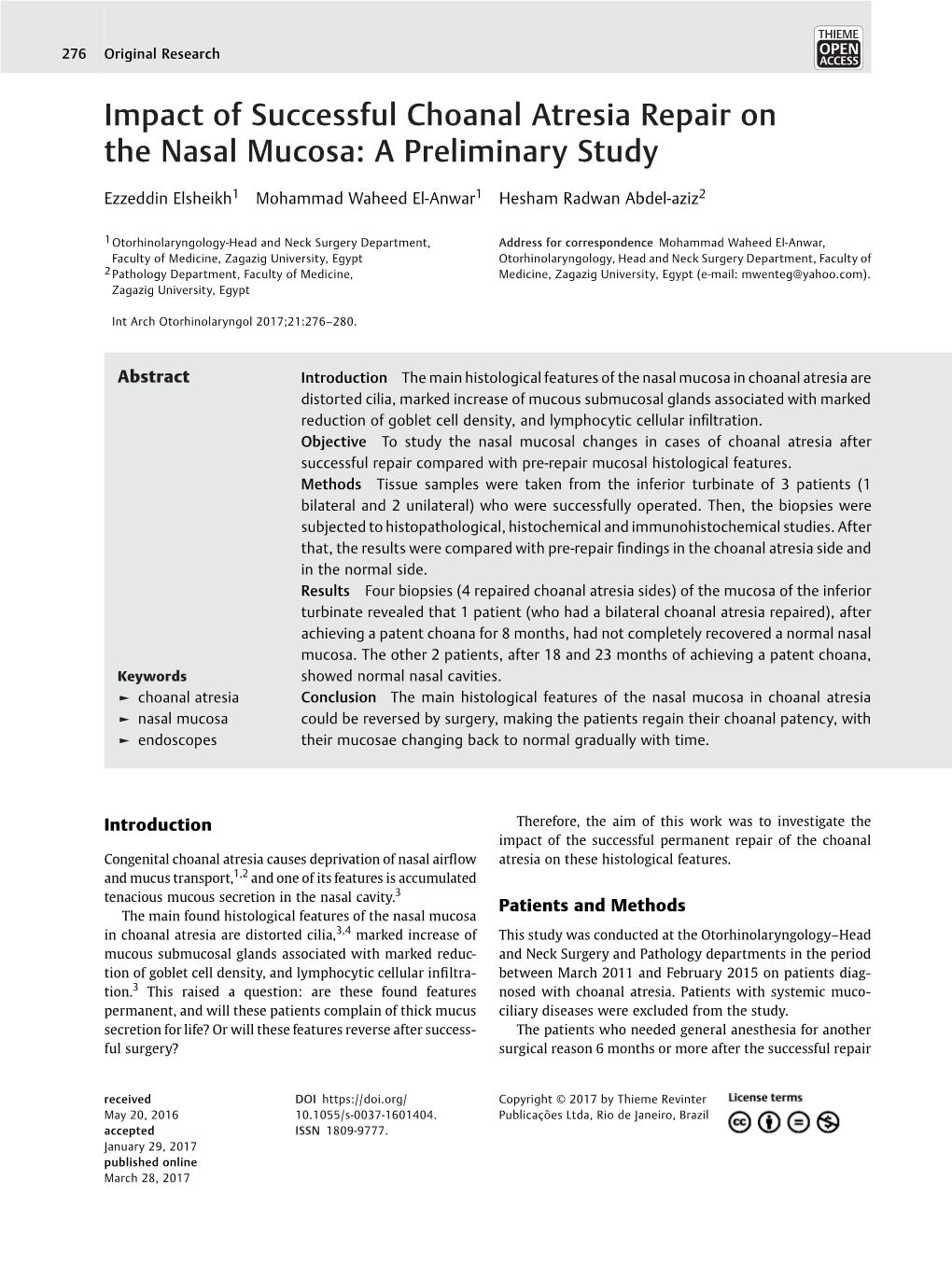 Impact of Successful Choanal Atresia Repair on the Nasal Mucosa: a Preliminary Study