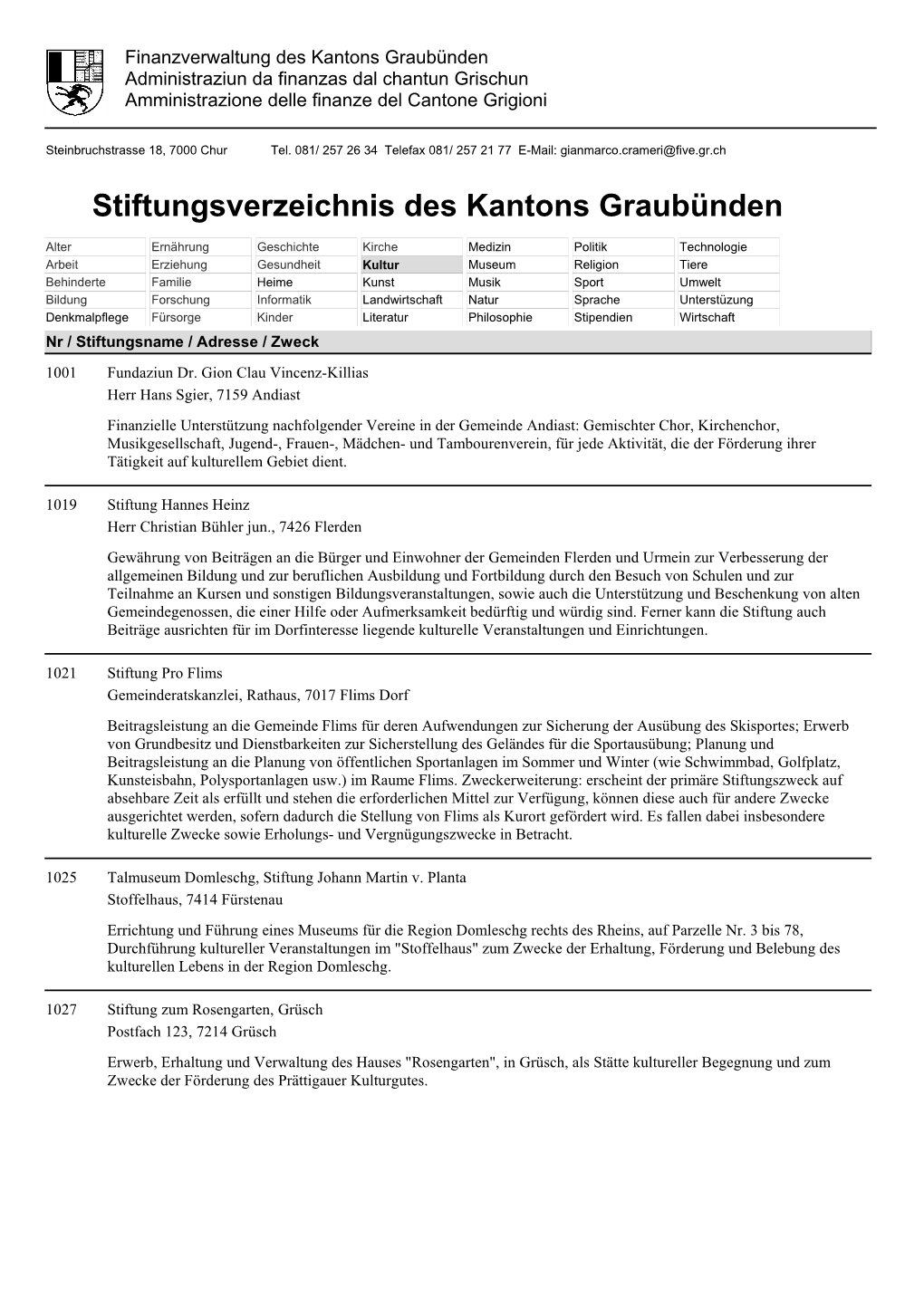 Stiftungsverzeichnis Des Kantons Graubünden