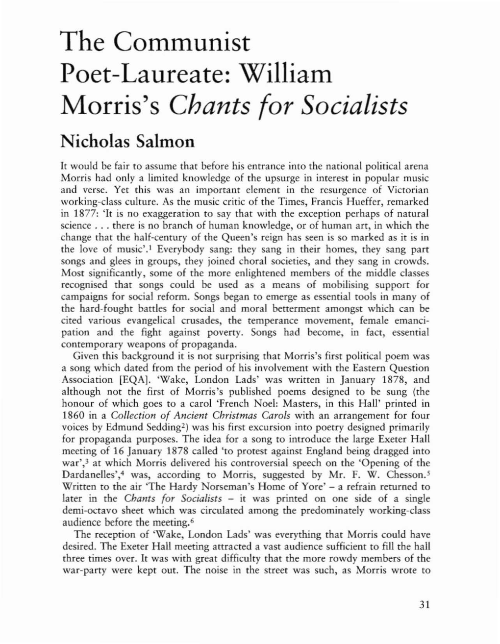 The Communist Poet-Laureate: William Morris's Chants for Socialists Nicholas Salmon