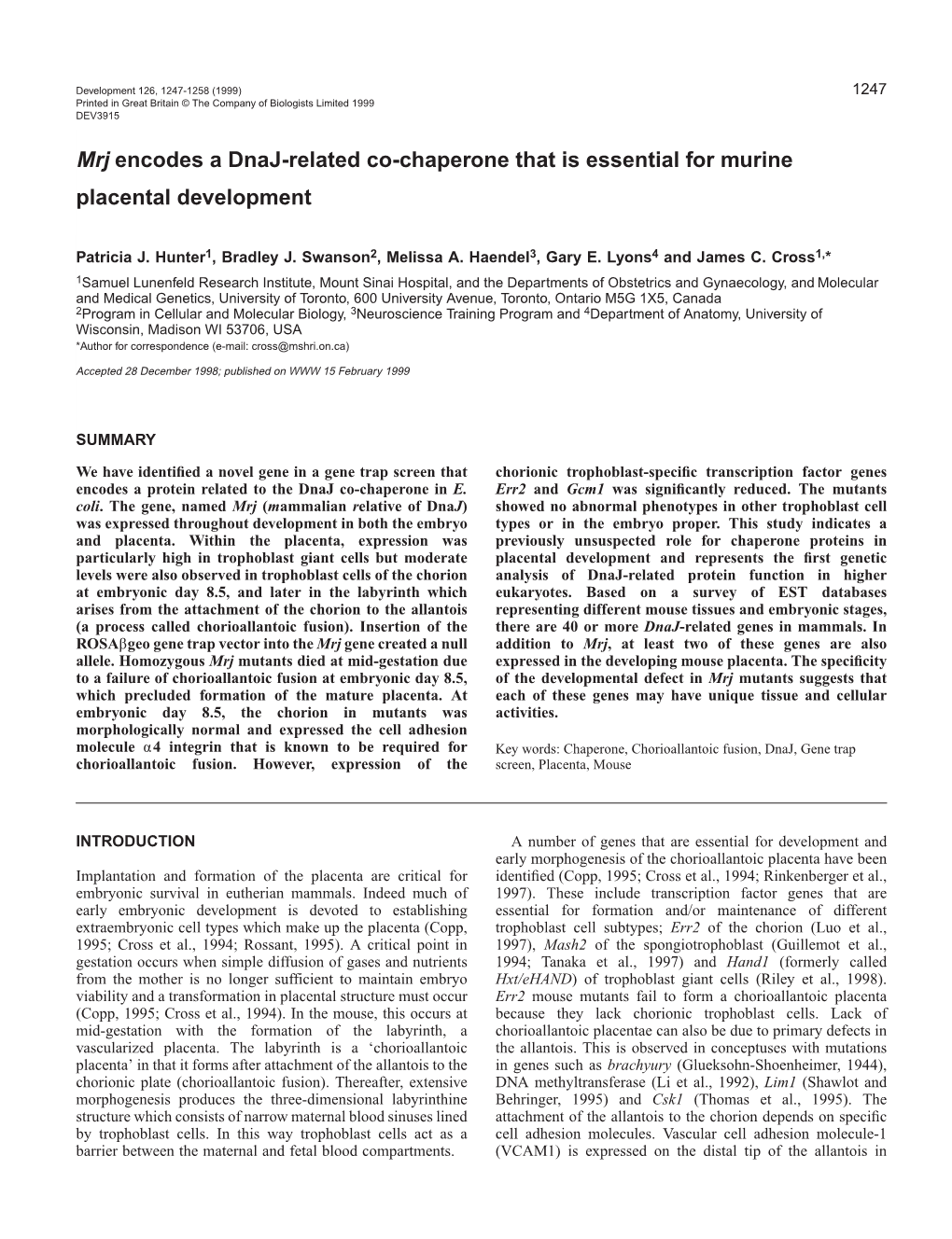 Dnaj-Related Protein Essential for Placentation 1249