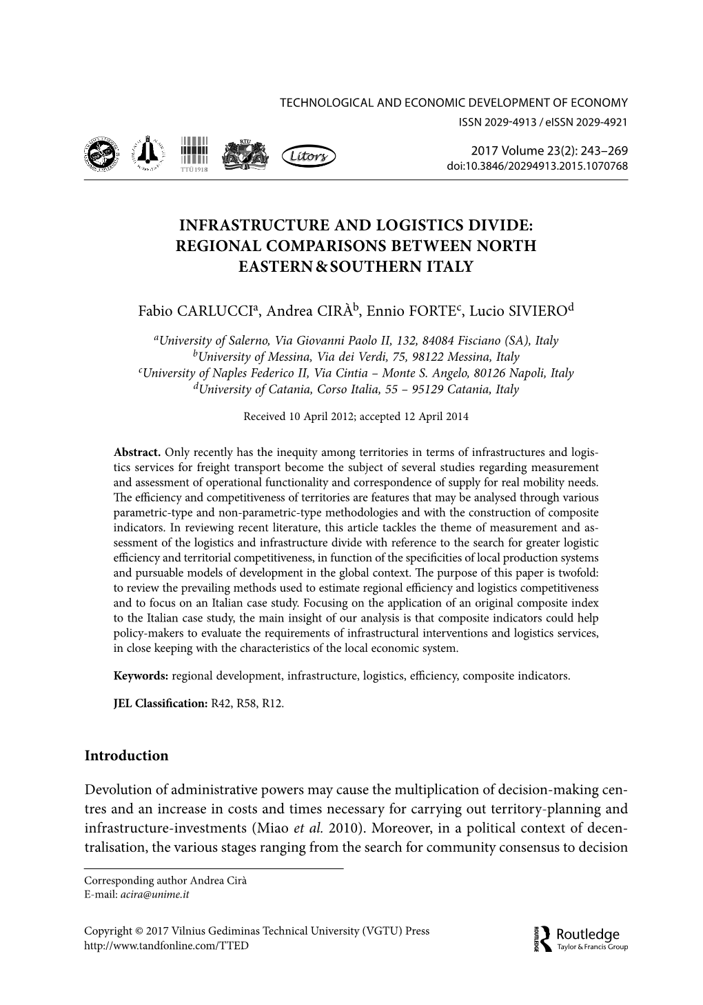 Infrastructure and Logistics Divide: Regional Comparisons Between North Eastern & Southern Italy