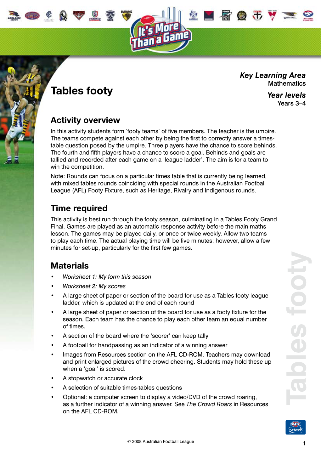 Tables Footy Year Levels Years 3–4