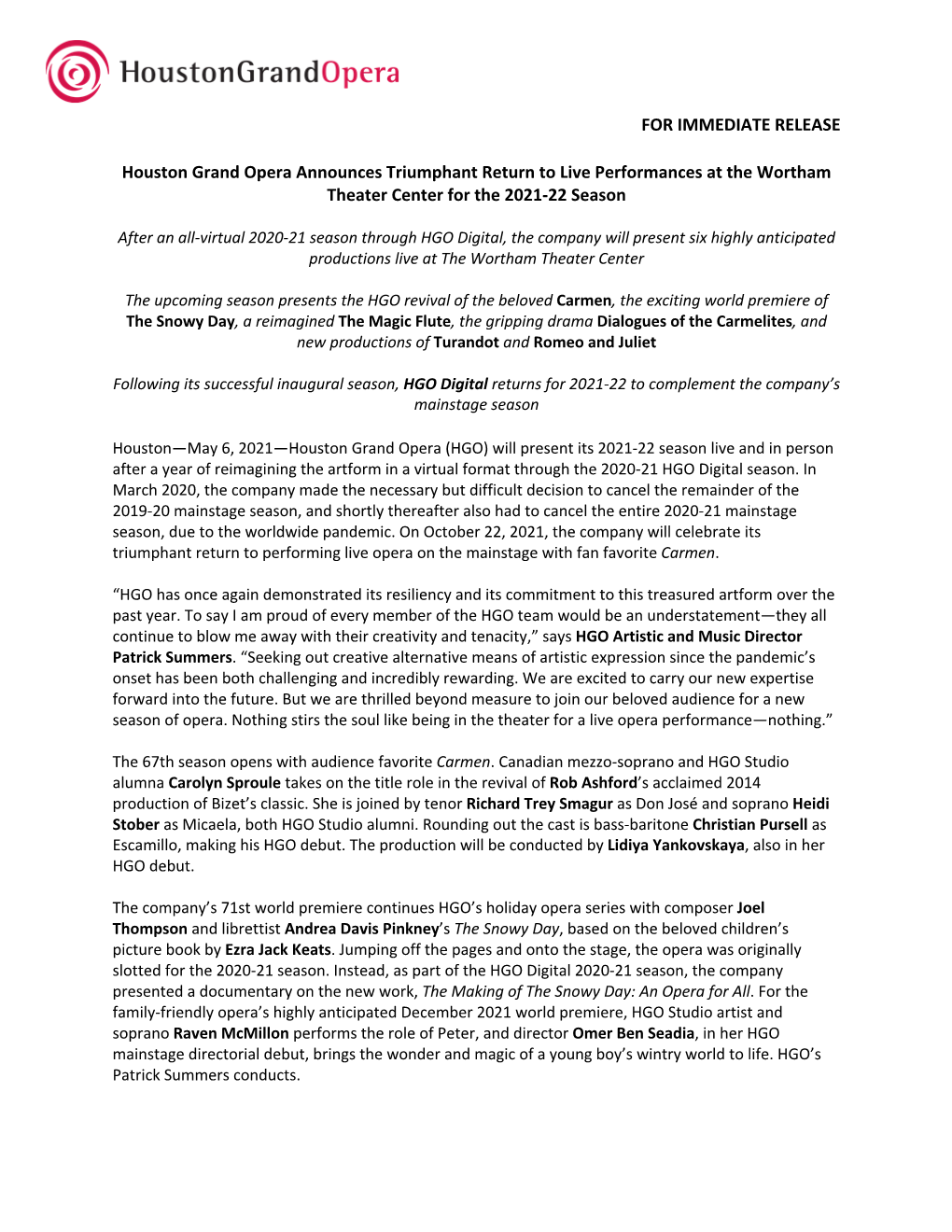 Houston Grand Opera Announces Triumphant Return to Live Performances at the Wortham Theater Center for the 2021-22 Season