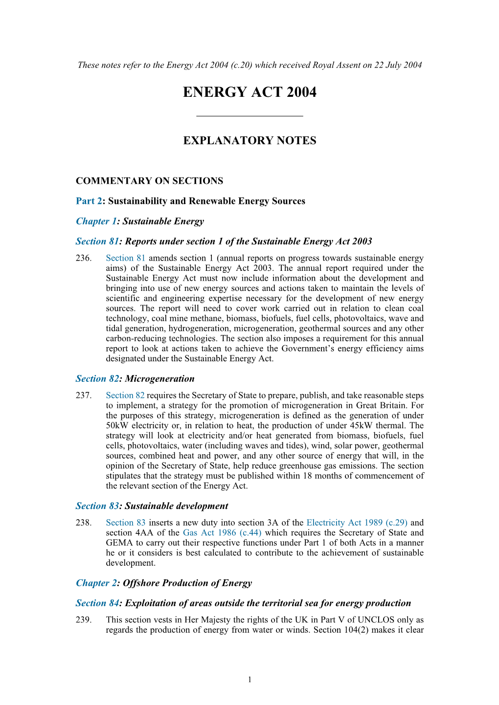 Explanatory Notes to Energy Act 2004