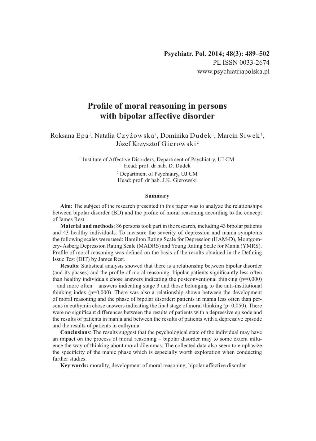 Profile of Moral Reasoning in Persons with Bipolar Affective Disorder