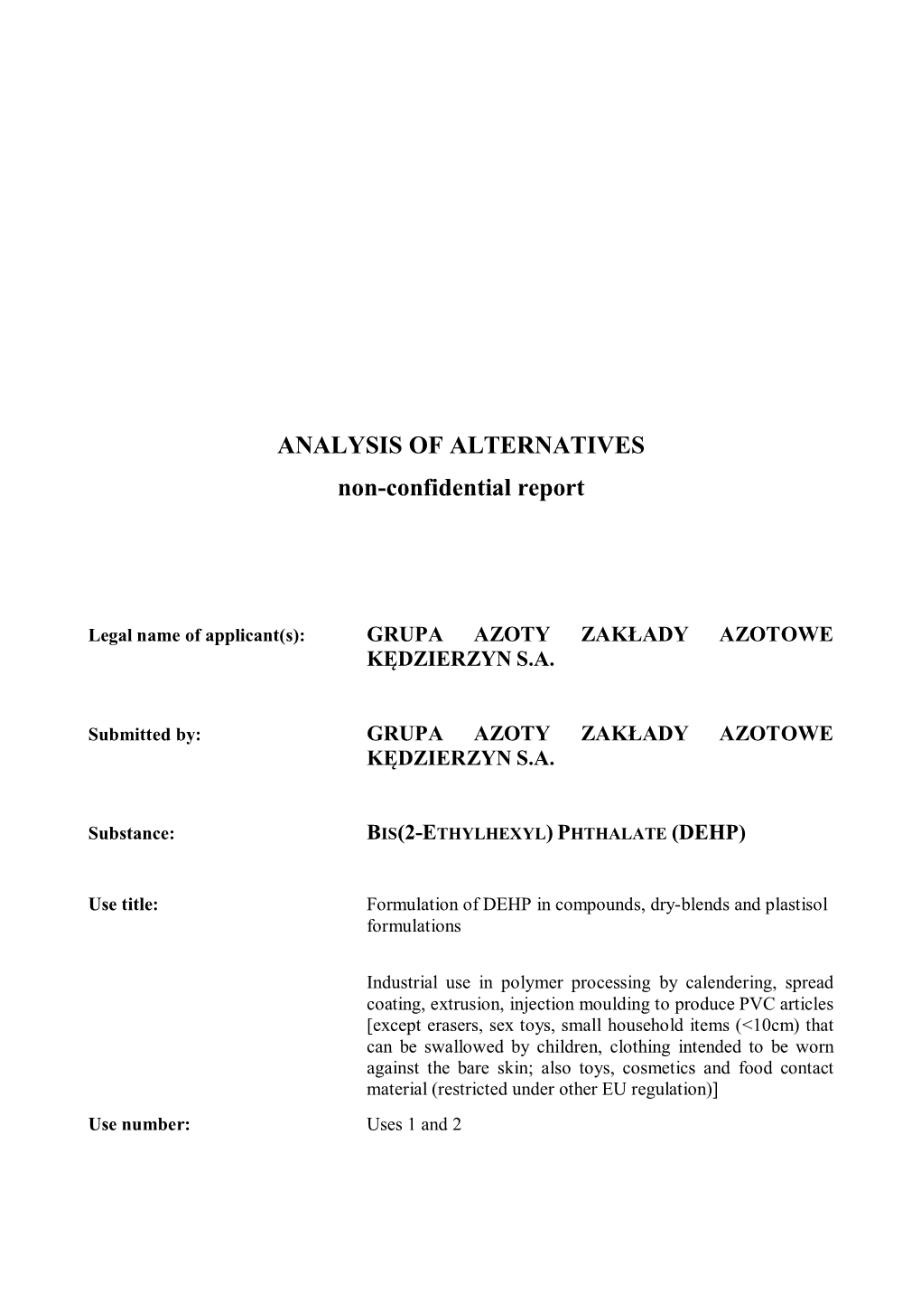 ANALYSIS of ALTERNATIVES Non-Confidential Report