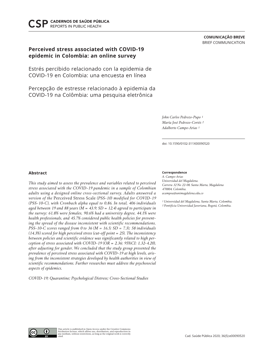 Perceived Stress Associated with COVID-19 Epidemic in Colombia: an Online Survey