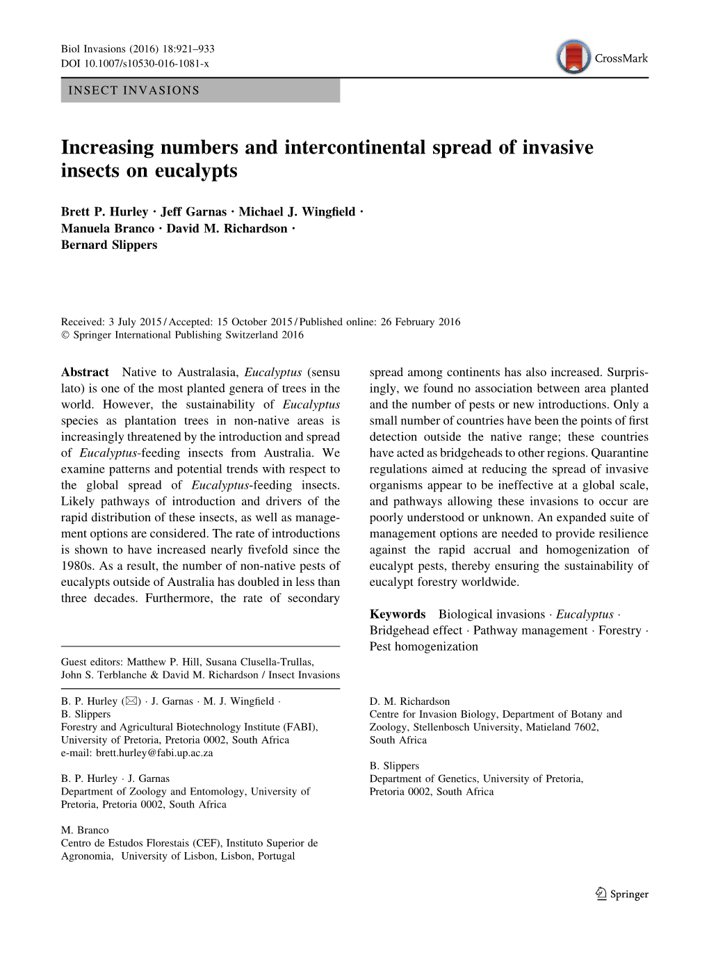 Increasing Numbers and Intercontinental Spread of Invasive Insects on Eucalypts