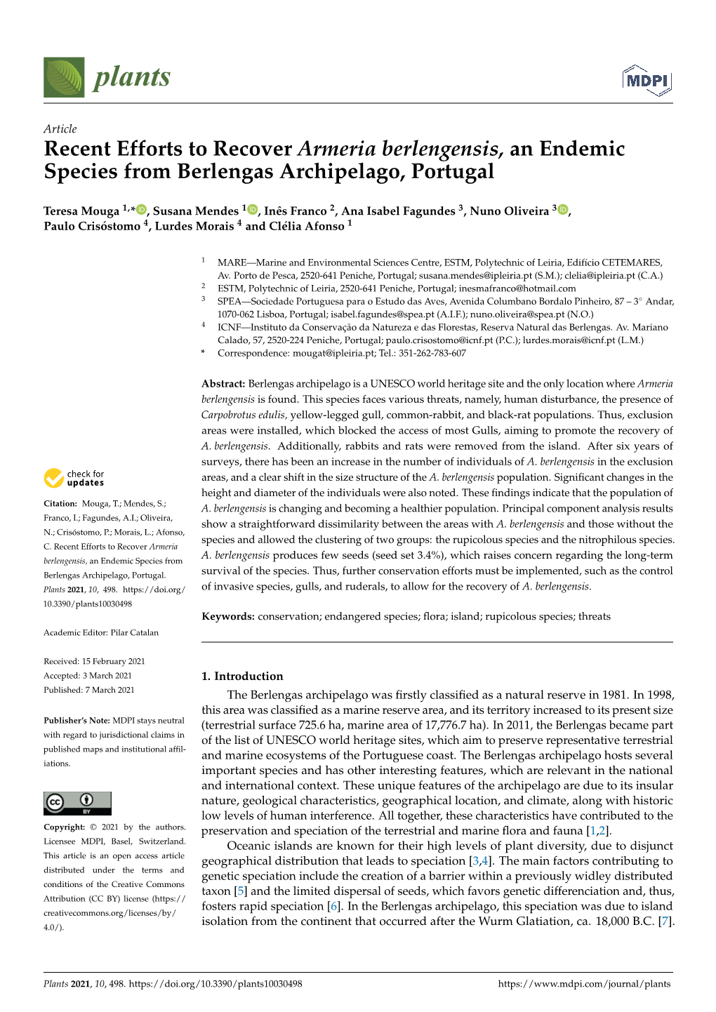 Recent Efforts to Recover Armeria Berlengensis, an Endemic Species from Berlengas Archipelago, Portugal