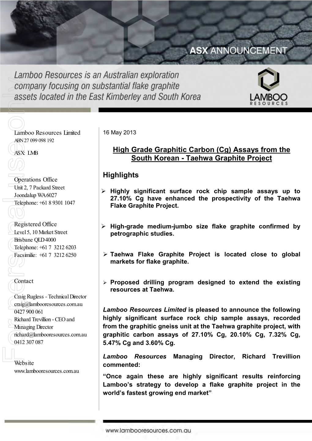 High Grade CG Assays from Taehwa Project