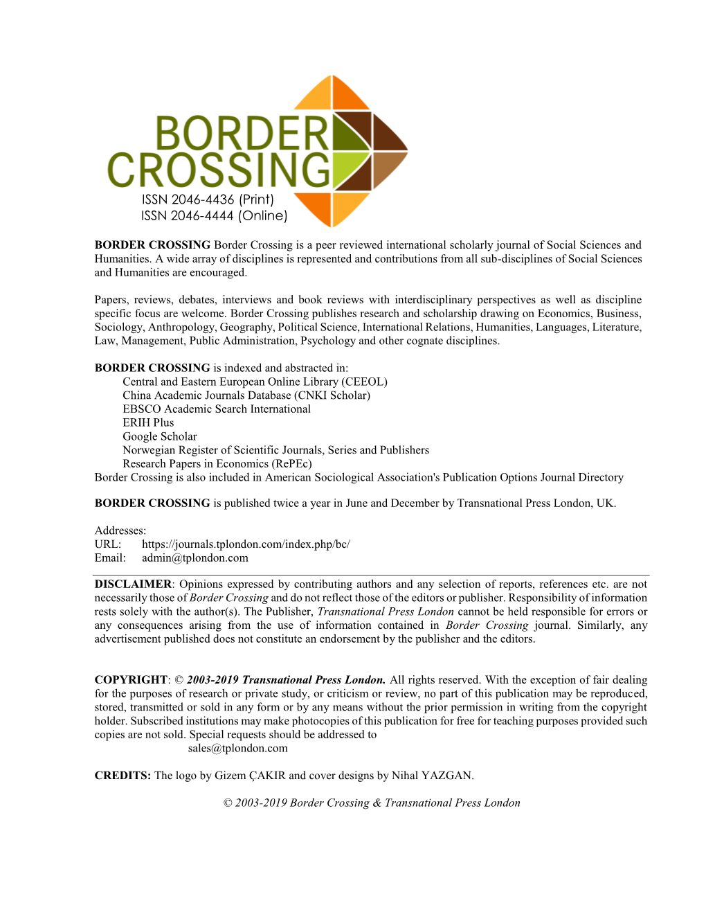 BORDER CROSSING Border Crossing Is a Peer Reviewed International Scholarly Journal of Social Sciences and Humanities