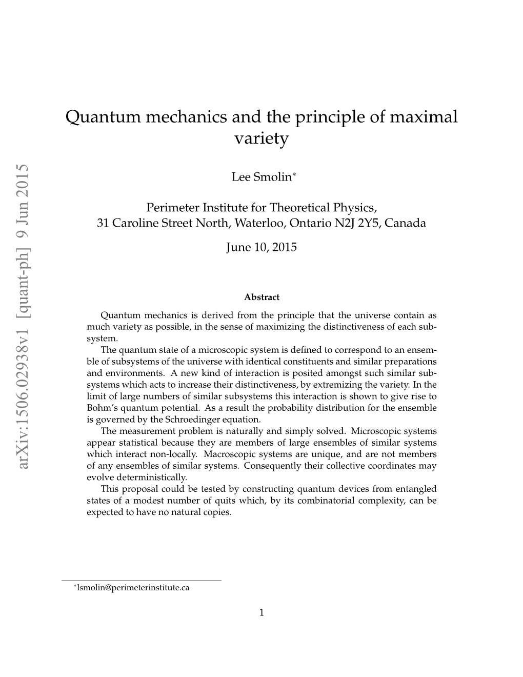 Quantum Mechanics and the Principle of Maximal Variety