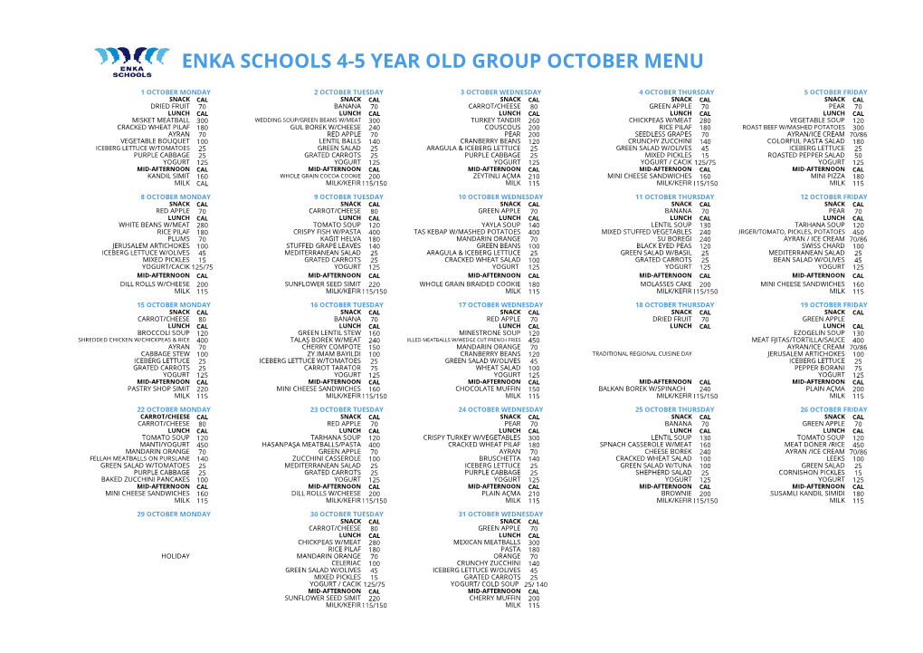 Enka Schools 4-5 Year Old Group October Menu