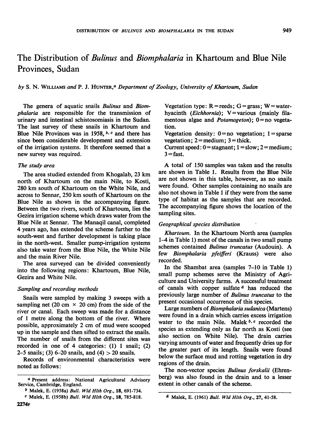 The Distribution of Bulinus and Biomphalaria in Khartoum and Blue Nile Provinces, Sudan by S