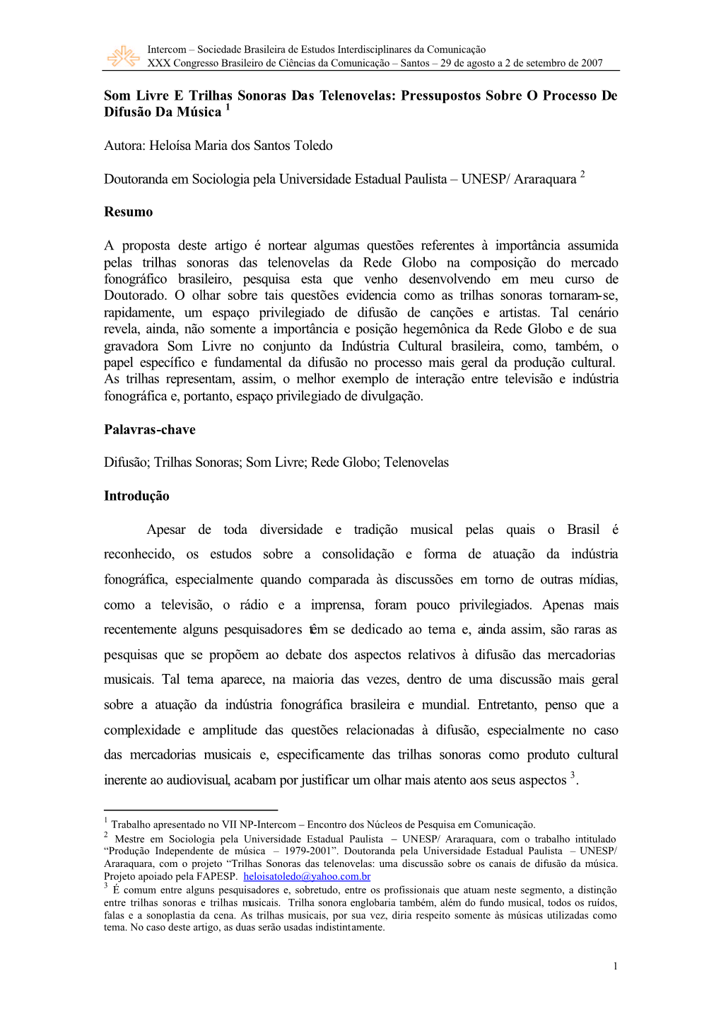 Som Livre E Trilhas Sonoras Das Telenovelas: Pressupostos Sobre O Processo De Difusão Da Música 1