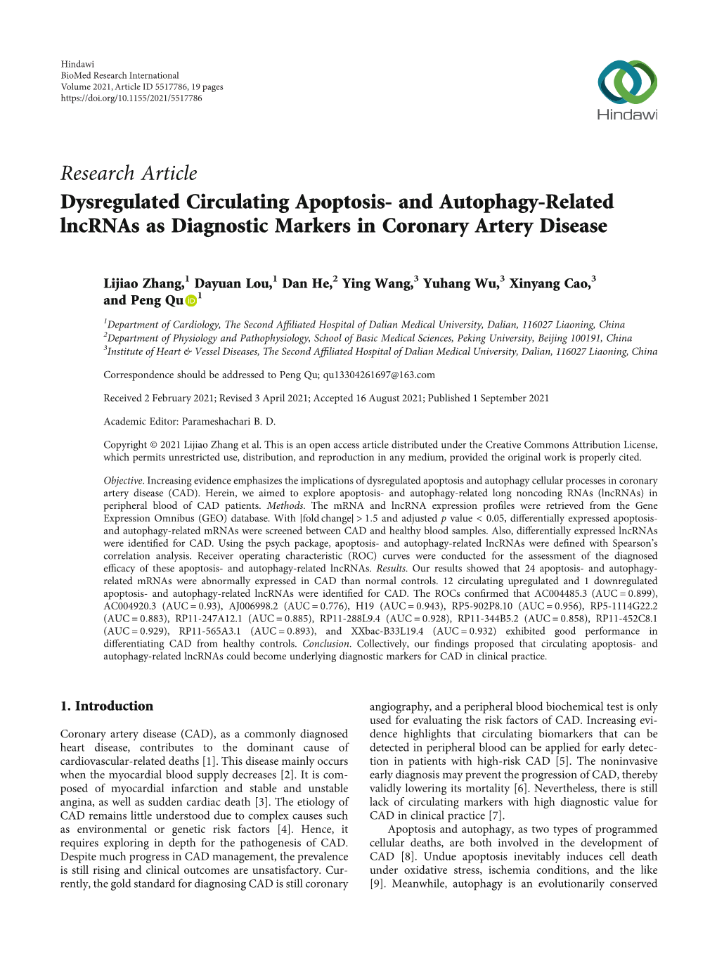 Research Article Dysregulated Circulating Apoptosis- and Autophagy-Related Lncrnas As Diagnostic Markers in Coronary Artery Disease