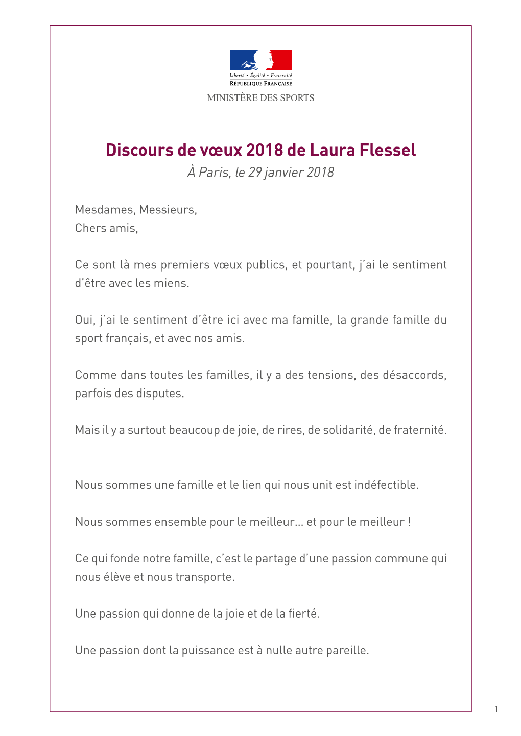 Discours De Vœux 2018 De Laura Flessel À Paris, Le 29 Janvier 2018