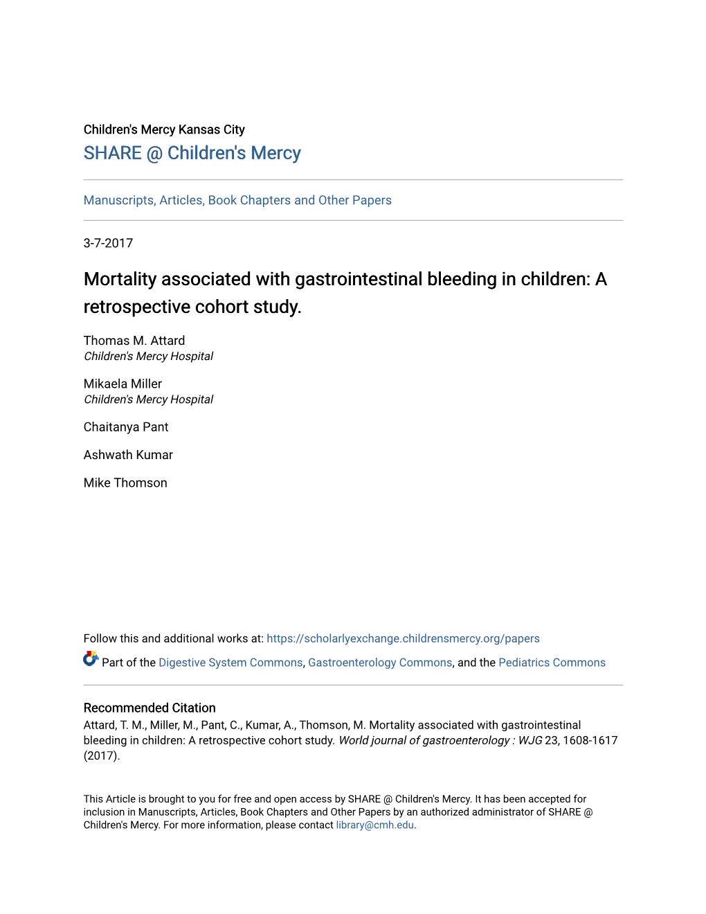 Mortality Associated with Gastrointestinal Bleeding in Children: a Retrospective Cohort Study