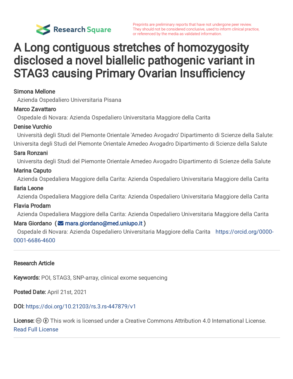 A Long Contiguous Stretches of Homozygosity Disclosed a Novel Biallelic Pathogenic Variant in STAG3 Causing Primary Ovarian Insu�Ciency