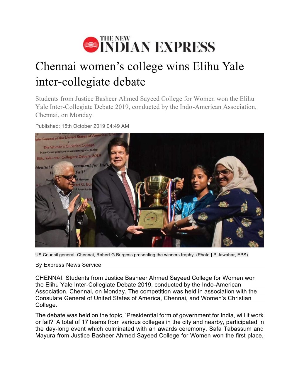 Chennai Women's College Wins Elihu Yale Inter-Collegiate Debate