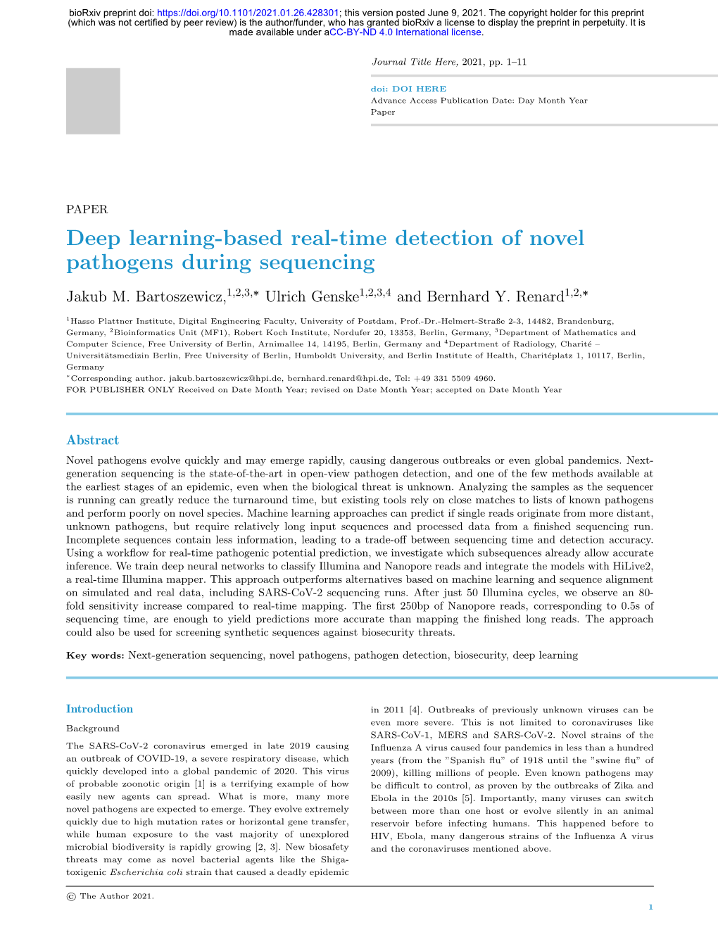 Deep Learning-Based Real-Time Detection of Novel Pathogens During Sequencing Jakub M