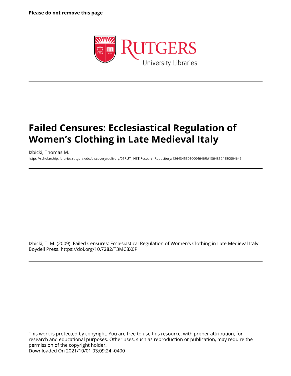 Ecclesiastical Regulation of Women's Clothing in Late Medieval Italy