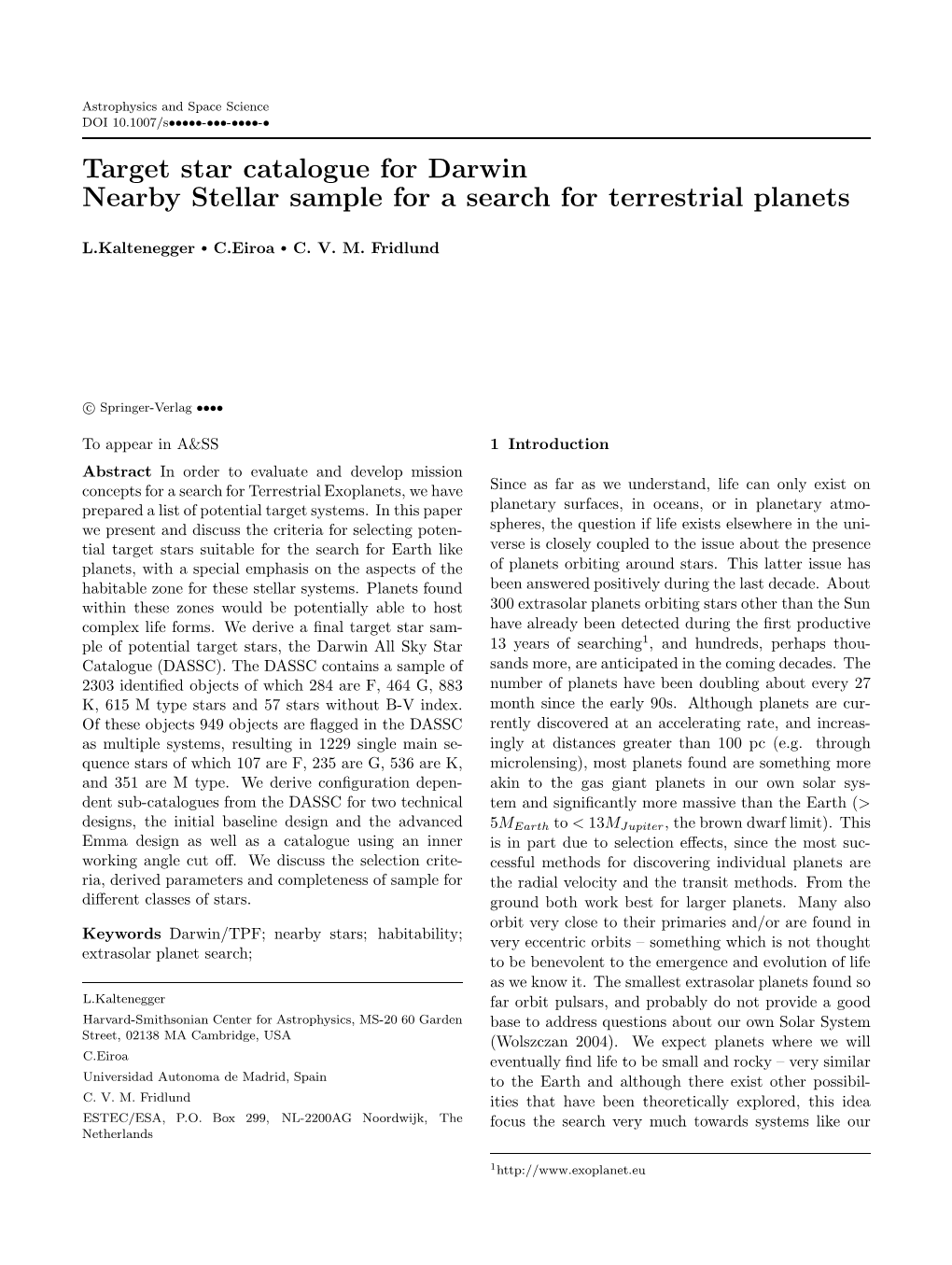 Target Star Catalogue for Darwin Nearby Stellar Sample for a Search for Terrestrial Planets