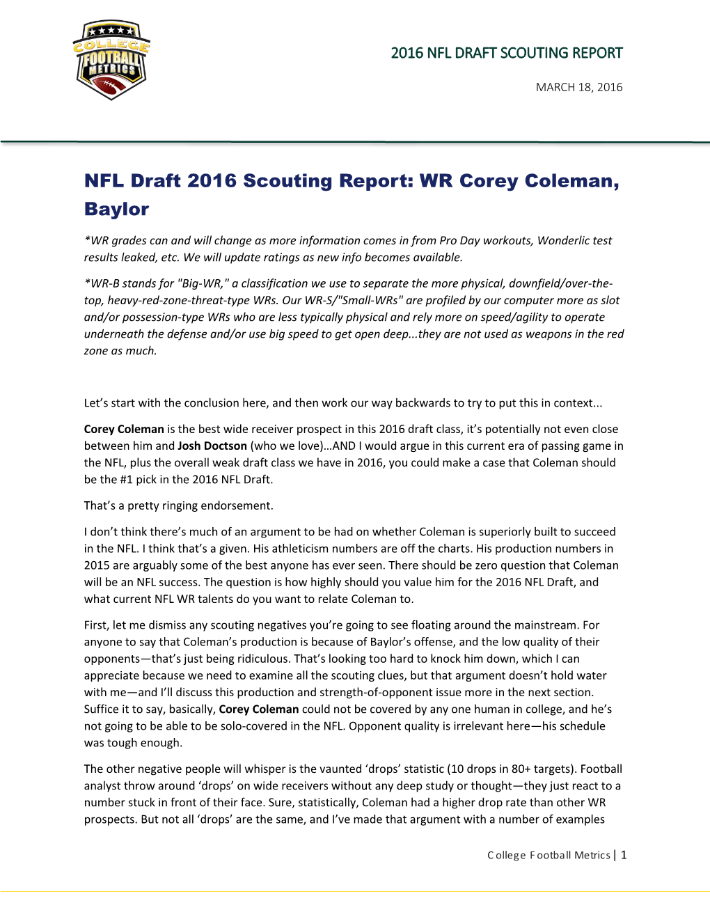 NFL Draft 2016 Scouting Report: WR Corey Coleman, Baylor