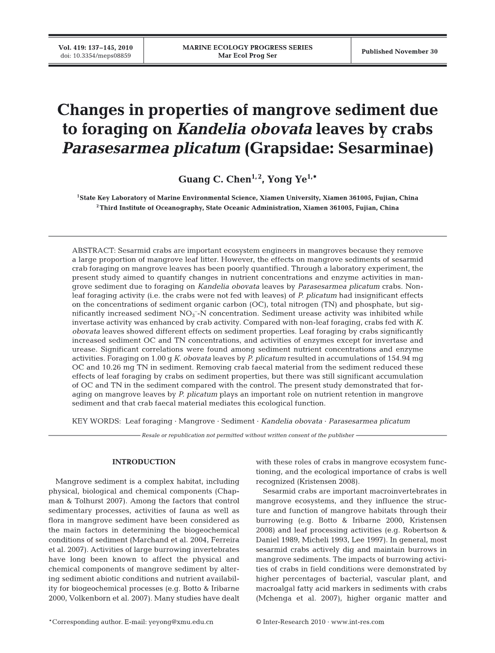 Changes in Properties of Mangrove Sediment Due to Foraging on Kandelia Obovata Leaves by Crabs Parasesarmea Plicatum (Grapsidae: Sesarminae)