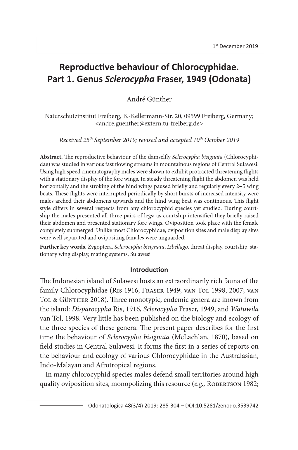 Reproductive Behaviour of Chlorocyphidae. Part 1. Genus Sclerocypha Fraser, 1949 (Odonata)