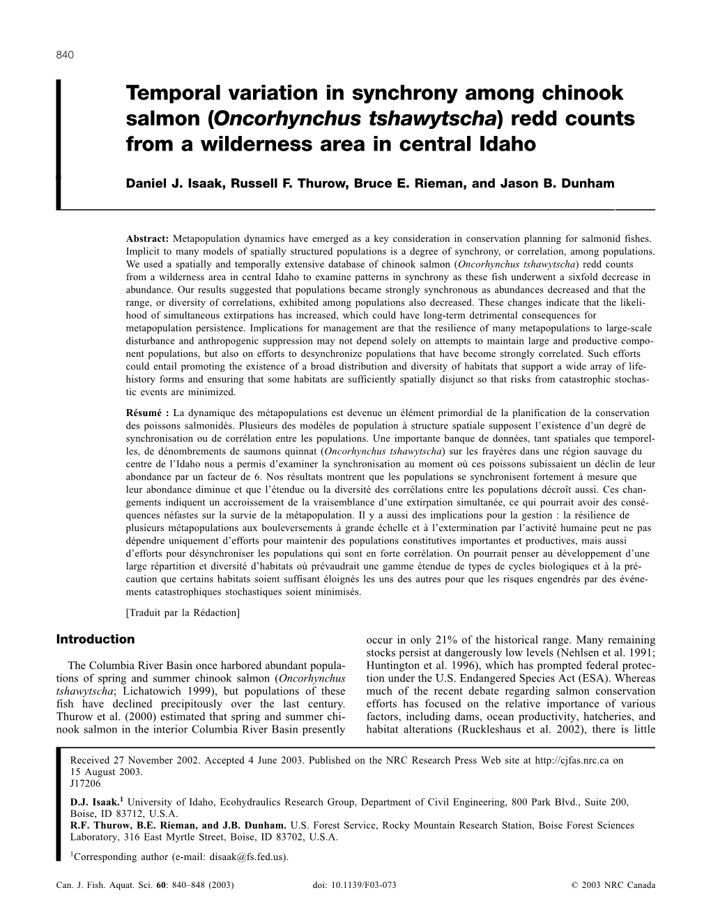 Temporal Variation in Synchrony Among Chinook Salmon (Oncorhynchus Tshawytscha) Redd Counts from a Wilderness Area in Central Idaho