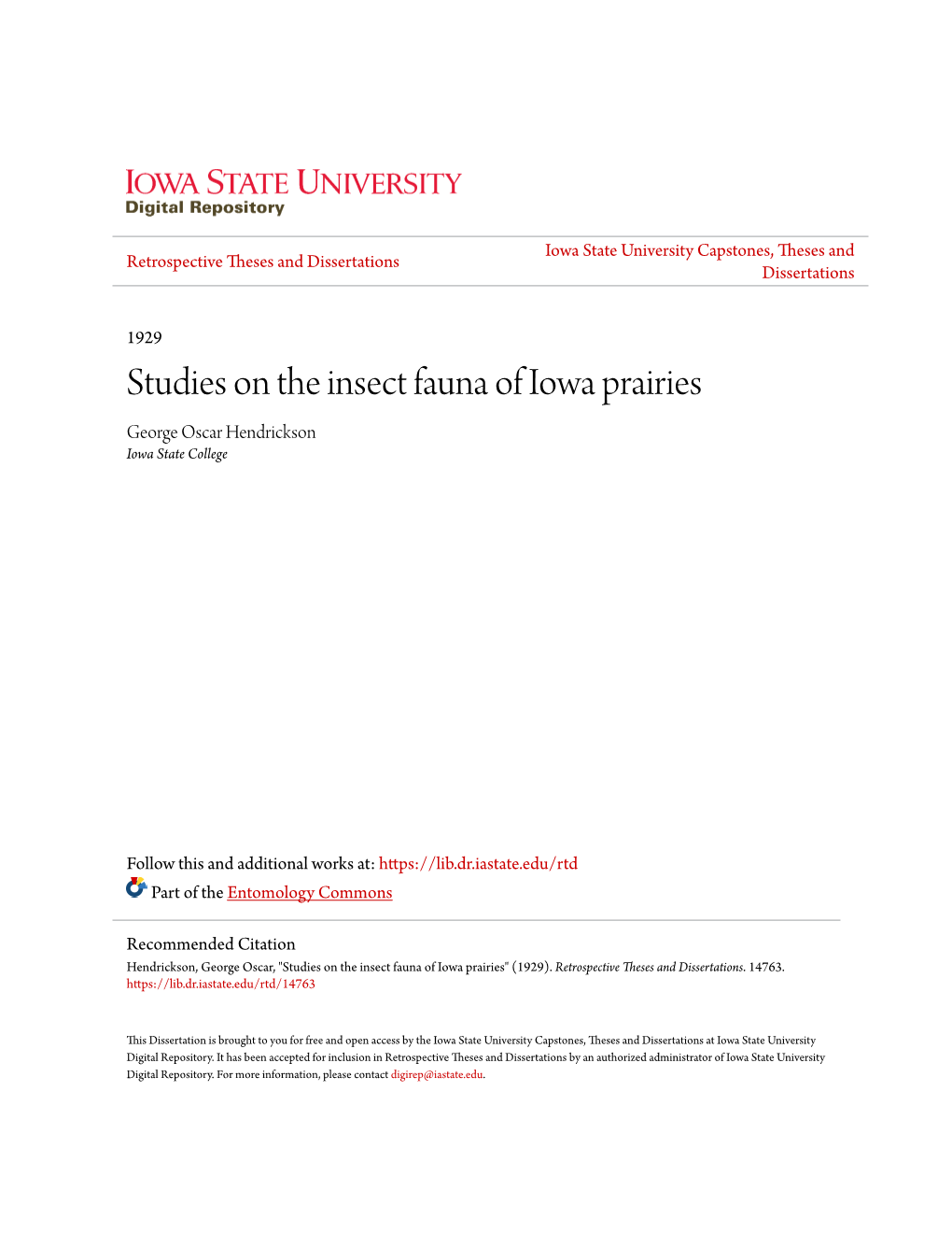 Studies on the Insect Fauna of Iowa Prairies George Oscar Hendrickson Iowa State College