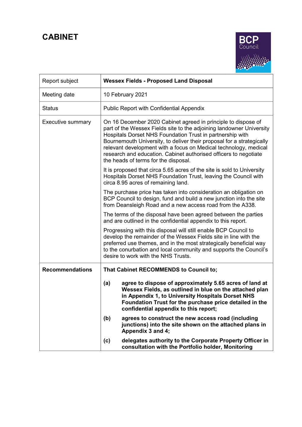 Wessex Fields - Proposed Land Disposal