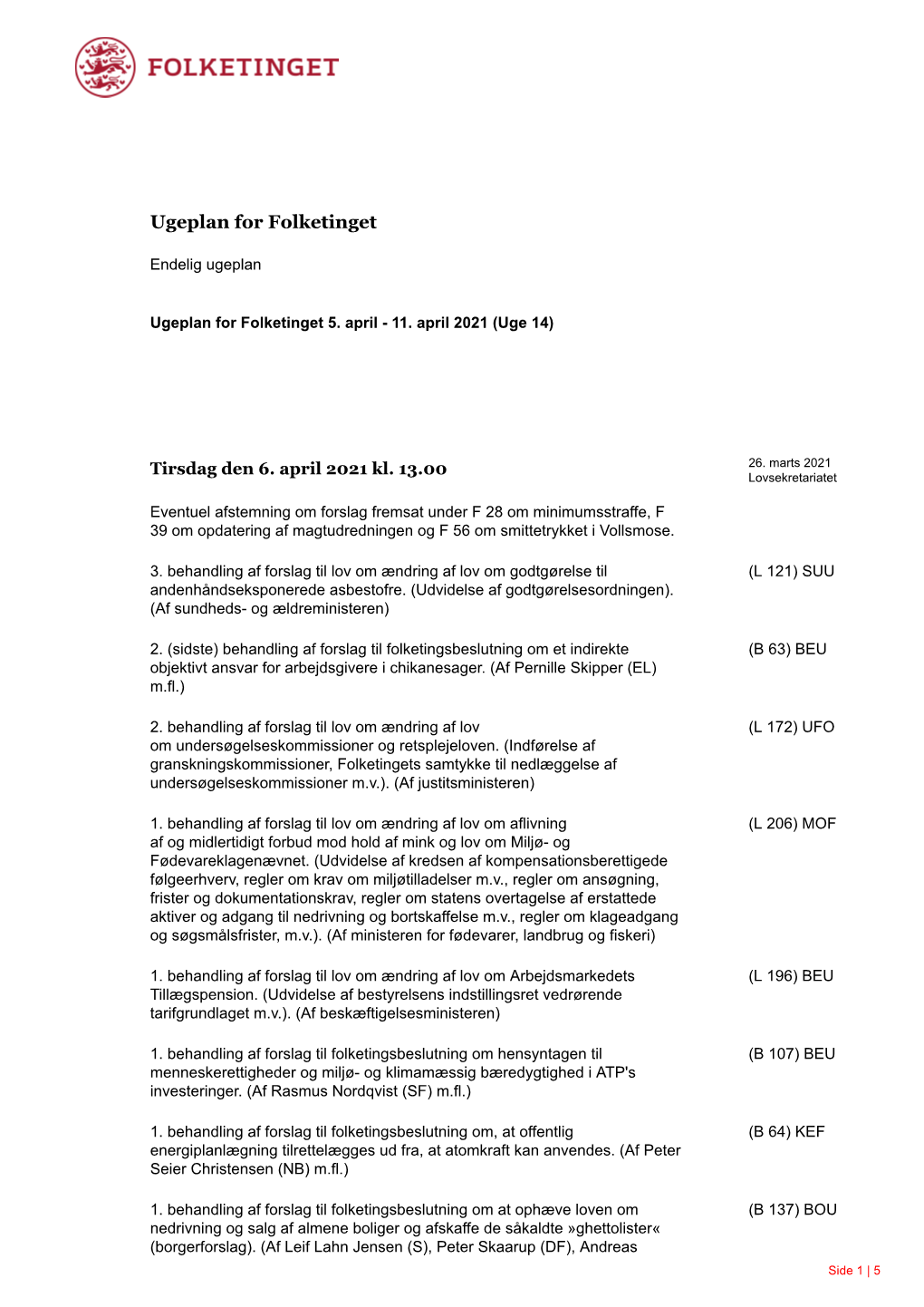 Ugeplan for Folketinget