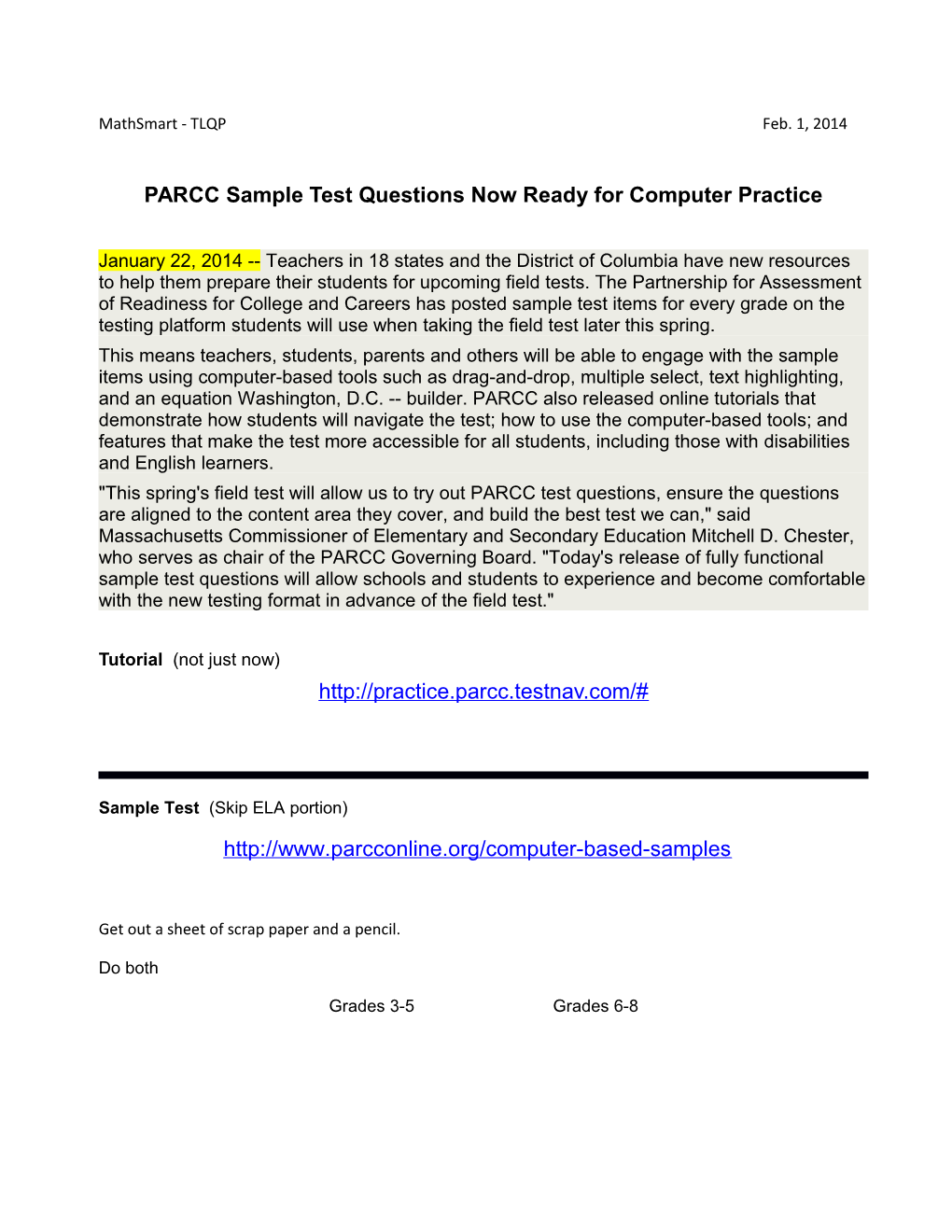 PARCC Sample Test Questions Now Ready for Computer Practice