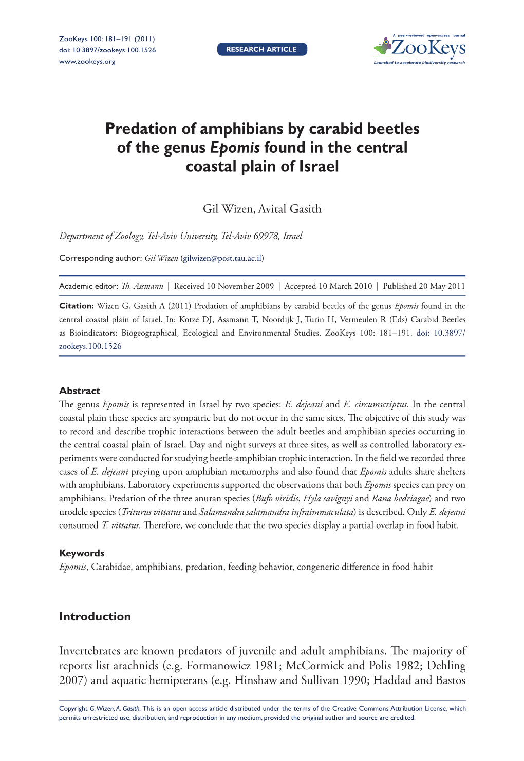 Predation of Amphibians by Carabid Beetles of the Genus Epomis