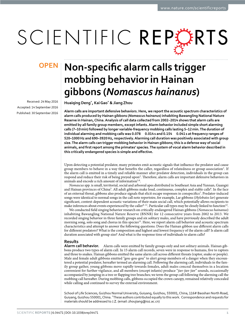 Non-Specific Alarm Calls Trigger Mobbing Behavior in Hainan Gibbons