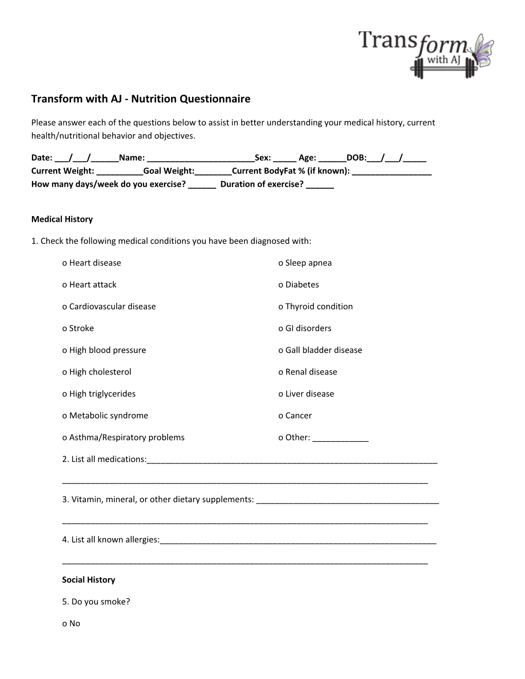 Transform with AJ - Nutrition Questionnaire