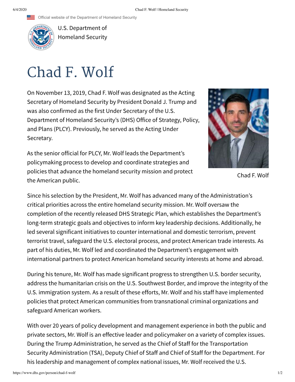 Chad F. Wolf | Homeland Security Official Website of the Department of Homeland Security